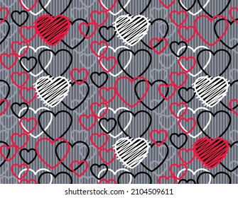 Patrón sin fisuras Los corazones de San Valentín adornan el blanco rosado-rojo gris-negro, el corazón dibujado sobre fondo gris. Diseñar papel de envolver para el Día de San Valentín, símbolo de corazón textil, chapa de cama, etc. Ilustración vectorial