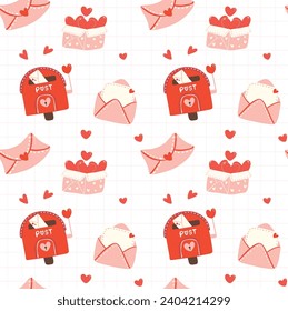 Pattern Seamless Valentine love Mail in Flat Design Cartoon hand drawn isolated on white background. Delivery hearts symbolic illustration.