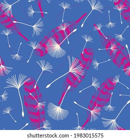 pattern seamless of various dandelion plants and feathers. Continuous design for the textile industry.