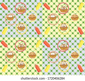 pattern seamless vector of bergers, sauce and circles in bright color background