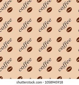 Pattern seamless vector illustration of coffee beans and words on a light background.