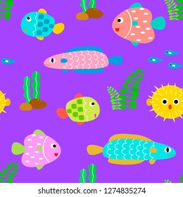 Pattern seamless vector illustration of colour fishes on purple background. Seamless fish pattern.-Vector