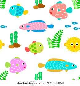 Pattern seamless vector illustration of colourful fishes on white. Colourful fishes pattern.-Vector