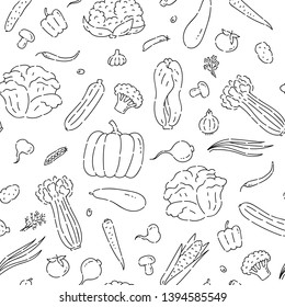 Pattern seamless vegetables line doodle. Varieties cabbage and other plant foods vector sketch black isolated illustration on white background.