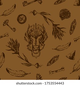 Patrón sin fisuras en un estilo místico y espiritual de los indios occidentales con búfalo, cuarzo de cristal, cristal de flores, brújula, huesos y 
pluma. Ilustración de esbozo dibujada a mano en vector con dos colores