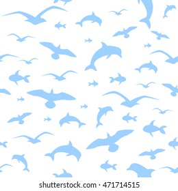pattern seamless white background seagulls dolphins and fish marine theme