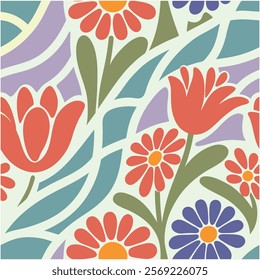 Pattern of seamless wildflowers. Abstract botany flowers pattern on colors background.