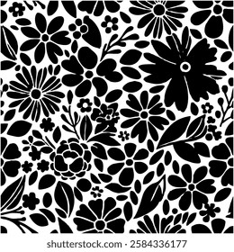  Pattern of seamless wildflowers. Silhouette botanical floral pattern in small flowers, Black botany design.perfect for fabric,print design.