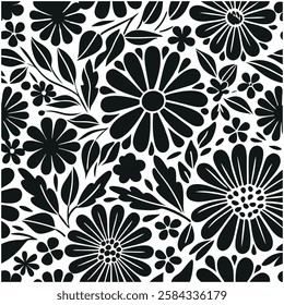  Pattern of seamless wildflowers. Silhouette botanical floral pattern in small flowers, Black botany design.perfect for fabric,print design.