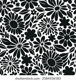  Pattern of seamless wildflowers. Silhouette botanical floral pattern in small flowers, Black botany design.perfect for fabric,print design.