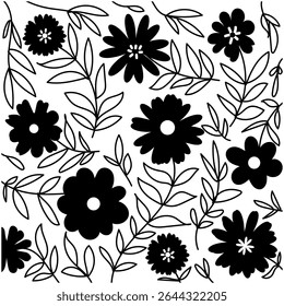 Padrão de flores silvestres sem costura. Padrão floral botânico silhueta em flores pequenas, design de botânica preta.perfect para tecido, impressão

projeto.