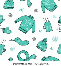 Patrón sin fisuras de iconos de invierno. Navidad, vacaciones. Insignias vectoriales de año nuevo al estilo doodle. Ropa cálida y bebida caliente en una taza. Ornamento de Navidad. Ilustraciones sobre un fondo aislado.