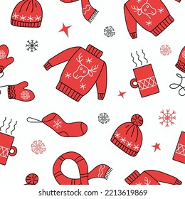Pattern seamless of winter icons. Christmas, holiday. Vector new year badges in doodle style. Warm clothes and a hot drink in a mug. Christmas ornament. Illustrations on an isolated background.