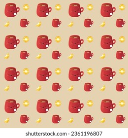Pattern seamless winter tea with lemon, red mug