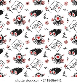Pattern in search of love binoculars, map, location, flowers. Seamless pattern for Valentine's Day. Floral. Print Find love on textiles and paper. Packaging for printing on textiles and packaging