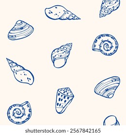 Pattern with seashell. Contour vector illustration for packaging, corporate identity, labels and postcards.