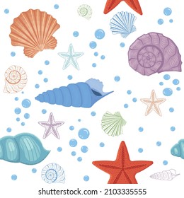 Pattern of seashells of different colors on a white background, vector illustration