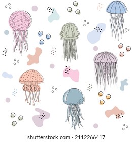 Pattern of seashells of different colors on a white background, vector illustration