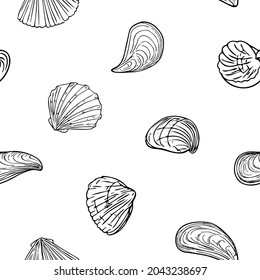 Pattern with seashells, doodle hand-drawn sea symbols.Seamless wallpaper. Fossils painted by ink, pen. Line, minimalism. Simple sketchy backdrop. Isolated. Vector illustration.