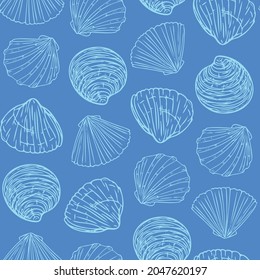 Pattern with seashells, doodle hand-drawn sea symbols.Seamless wallpaper. Fossils painted by ink, pen. Line, minimalism. Simple sketchy backdrop. Vector illustration.