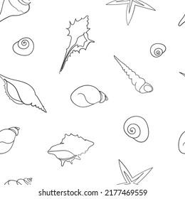 Pattern with seashells in a marine style for printing on fabric, paper. Black and white pattern with different seashells drawn in one line.