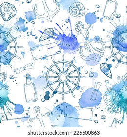 Pattern of seashells on the beach, a color line on a white background. Hand drawn seamless pattern. Abstract blue spots on a white background