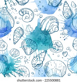 Pattern of seashells on the beach, a color line on a white background. Hand drawn seamless pattern. Abstract blue spots on a white background