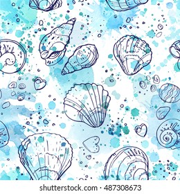 Pattern of seashells on the beach, a color line on a white background. Hand drawn seamless pattern. Abstract blue spots on a white background