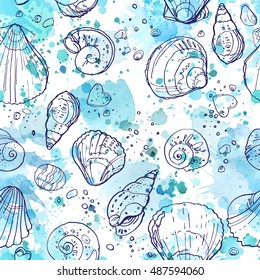 Pattern of seashells on the beach, a color line on a white background. Hand drawn seamless pattern