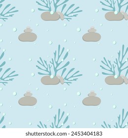 Pattern of seaweed and corals with stones on the bottom of the blue ocean, in pastel colors. Vector illustration