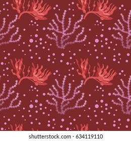 Pattern with seaweed. Seamless pattern. Art on maroon background. Vector. Cartoon. Flat.