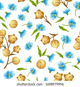 Pattern seed and flowers linseed. Seamless background for packaging.