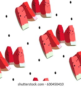 Pattern of seeds and slices of watermelon on a white background