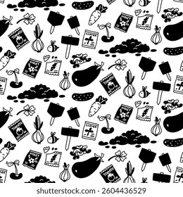 pattern of seeds, vegetables, sprouts, bees, soil, seedlings. Monochrome illustration in form of flat drawings. Seamless texture of garden vegetable plants. Spring and autumn. Planting, plants, seeds