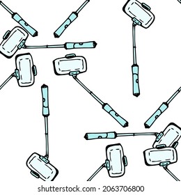ein Muster aus einem Selfie-Stick. nahtloses Muster eines Selfie-Stick im Doodle-Stil mit blauem Telefon, zufällig auf weißem Hintergrund für eine Designvorlage angeordnet