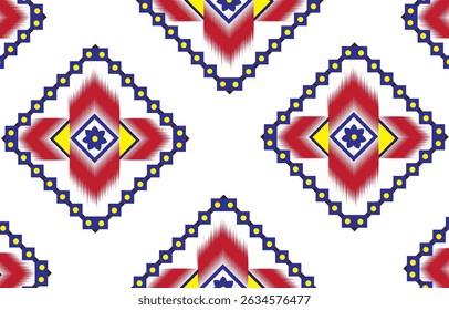 O padrão é autoconstruído. Os threads vermelhos estão em quadrados multicoloridos em um fundo branco.
