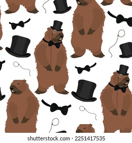 A pattern from a set of 19th century men for a groundhog. Groundhog Day is dressed in men's accessories. Hat top hat, monocle, butterfly set of men. Fun gift wrapping for Groundhog Day