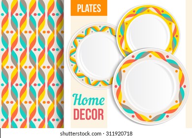 Pattern and Set of 3 matching decorative plates with this pattern applied. Top view of three empty plates, patterned on rim. Pattern in background is seamless, not cropped. Vector illustration.