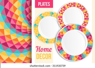 Pattern and Set of 3 matching decorative plates with this pattern applied. Top view of three empty plates, patterned on rim in colorful geometric pattern. Vector illustration.