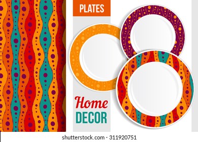 Pattern and Set of 3 matching decorative plates with this pattern applied. Top view of three empty plates. Pattern in background is seamless, not cropped. Vector illustration.