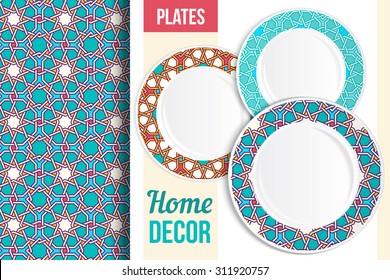 Pattern and Set of 3 matching decorative plates with this pattern applied. Top view of three empty plates, islam eastern pattern. Pattern in background is seamless, not cropped. Vector illustration.