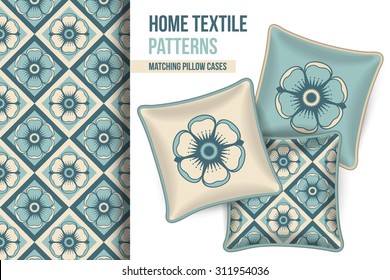 Pattern and Set of 3 matching decorative throw pillows with this pattern applied.  Vector illustration.