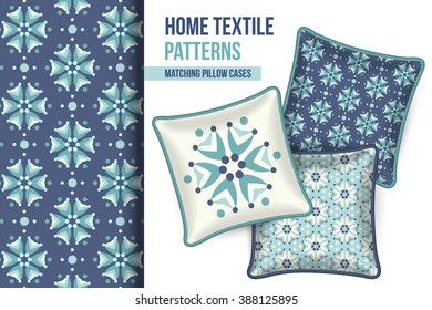 Pattern and Set of 3 matching decorative throw pillows with this pattern applied.  Vector illustration.