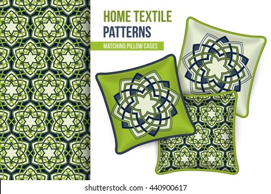 Pattern and Set of 3 matching decorative throw pillows with this pattern applied. Abstract green flowers.  Vector illustration.