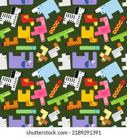 A pattern from a set of animal figures in the Tetris game. Guess the animal puzzle. Tetris in the form of animals. Elephant, giraffe, pigeon, flamingo, tiger, duck, lion, snake and others.