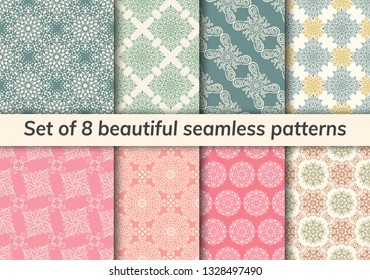 Pattern set arabic, indian, japanese, islamic motifs. Collection of 8 patterns. Mandala seamless pattern. Ethnic bohemian background. Cute paper background. Abstract flower. Vector illustration