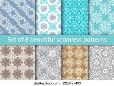 Pattern set arabic, indian, japanese, islamic motifs. Collection of 8 patterns. Mandala seamless pattern. Ethnic bohemian background. Cute paper background. Abstract flower. Vector illustration