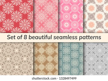 Pattern set arabic, indian, japanese, islamic motifs. Collection of 8 patterns. Mandala seamless pattern. Ethnic bohemian background. Cute paper background. Abstract flower. Vector illustration