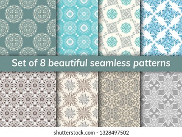 Pattern set arabic, indian, japanese, islamic motifs. Collection of 8 patterns. Mandala seamless pattern. Ethnic bohemian background. Cute paper background. Abstract flower. Vector illustration