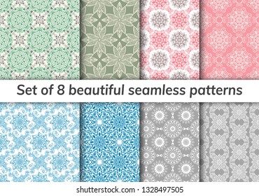 Pattern set arabic, indian, japanese, islamic motifs. Collection of 8 patterns. Mandala seamless pattern. Ethnic bohemian background. Cute paper background. Abstract flower. Vector illustration